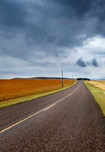 highway on open prairie curving to right then lef in the distance.