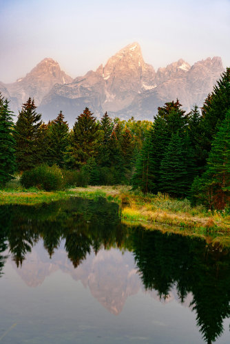 mountain pond bordered with evergreen trees, rocky peaks in the background.